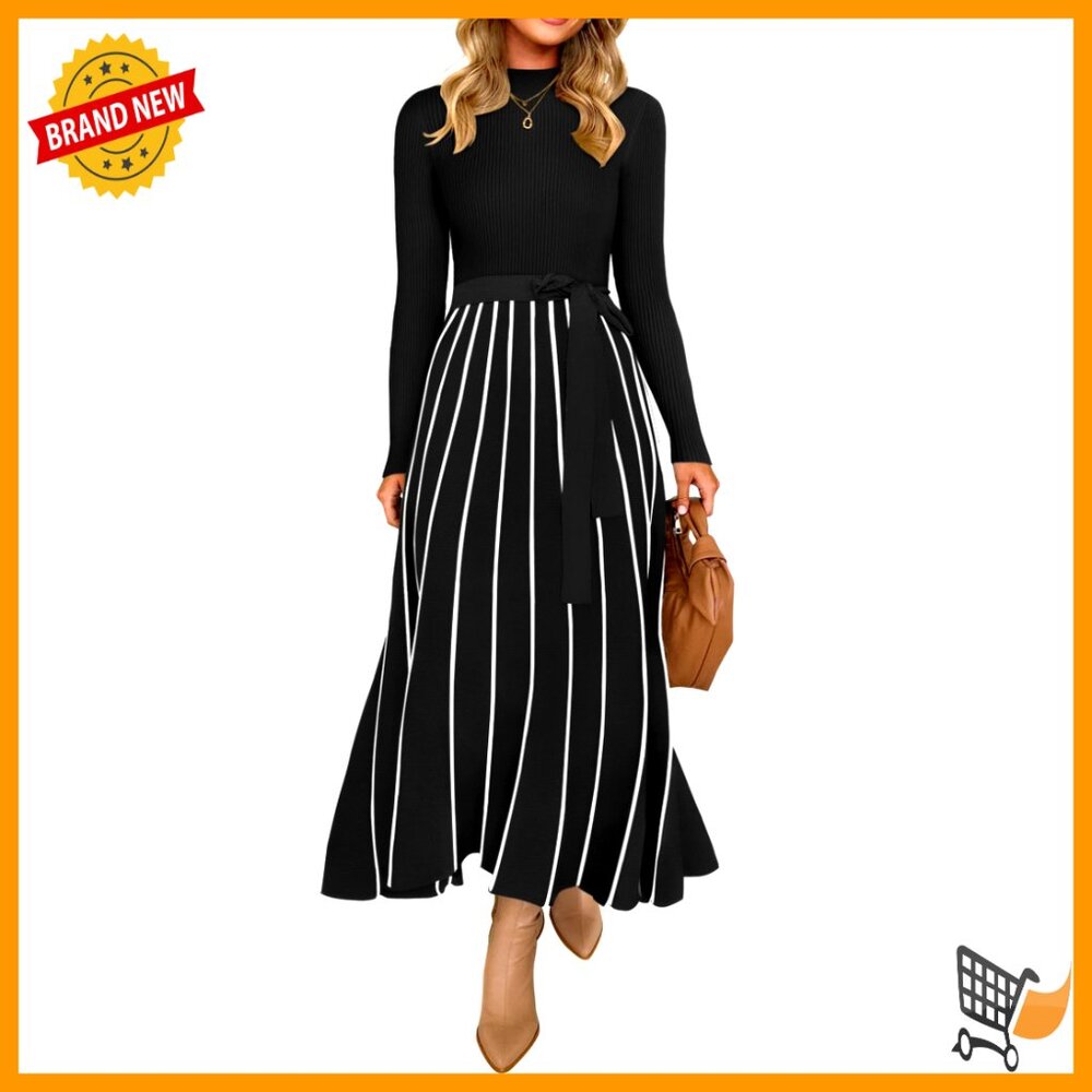 Long Sleeve Turtleneck Sweater Dress Tie Waist Ribbed Knit Midi
